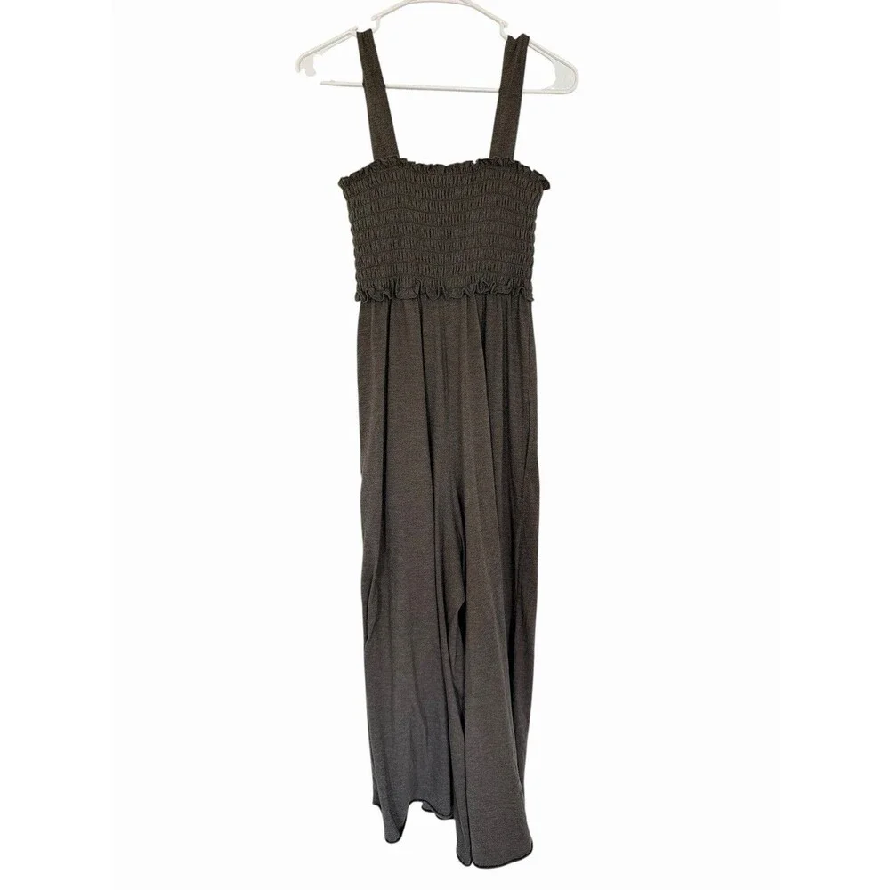 Natural Life Harper Smocked Flowy Wide Leg Jumpsuit Olive Green Heather XS/S